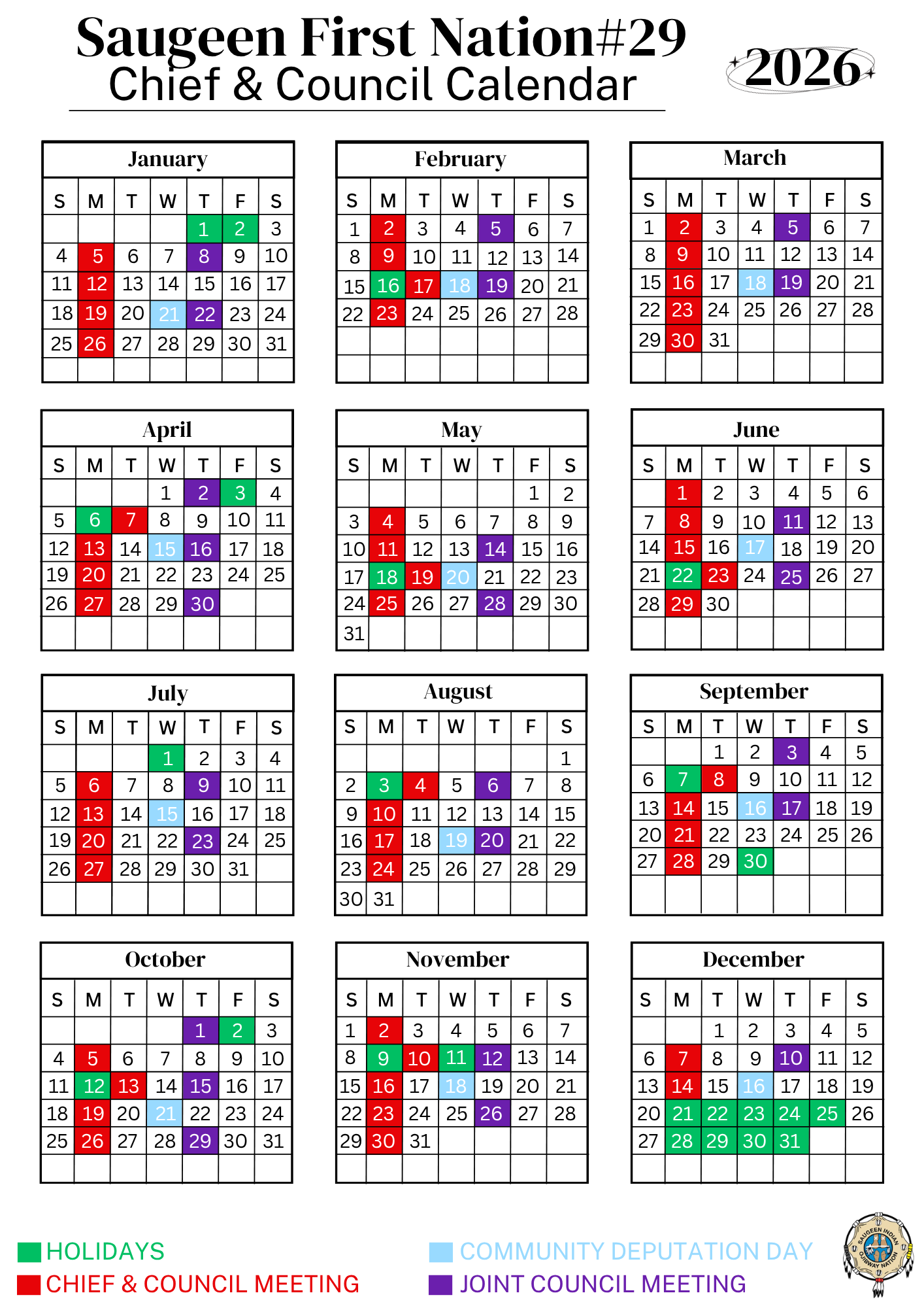 Chief & Council Calendar Front